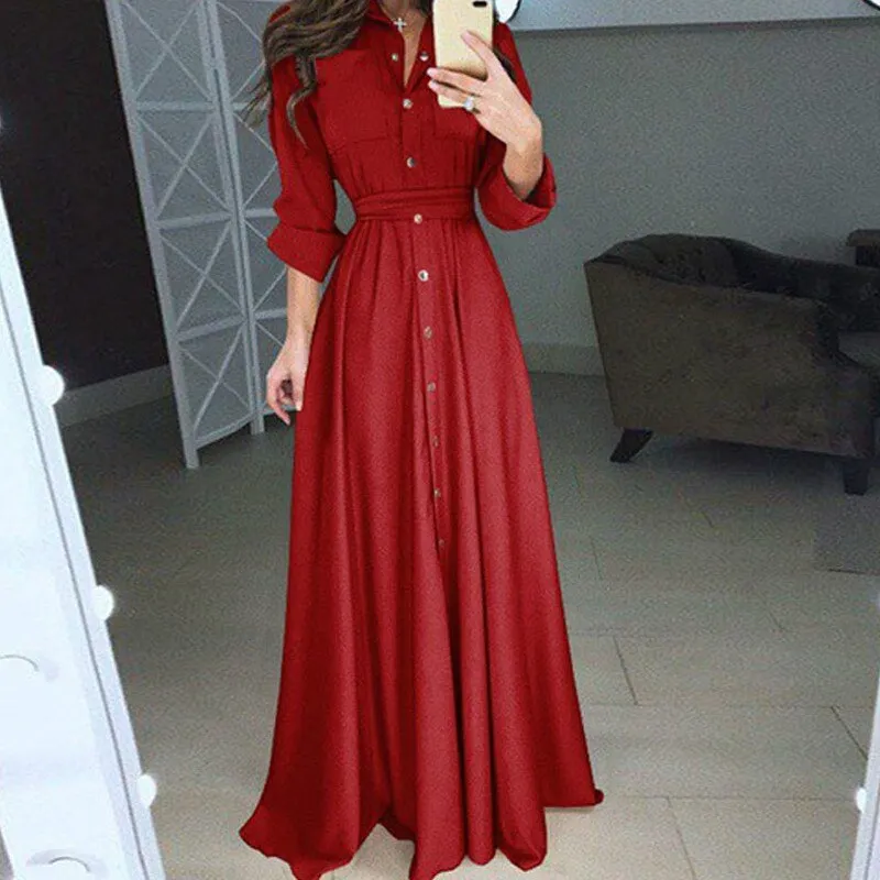 Women Summer Shirt Style Maxi Dress Long Sleeve Casual Loose High Street Dress Clothing Plus Size S-3XL