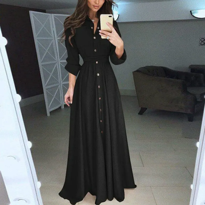 Women Summer Shirt Style Maxi Dress Long Sleeve Casual Loose High Street Dress Clothing Plus Size S-3XL